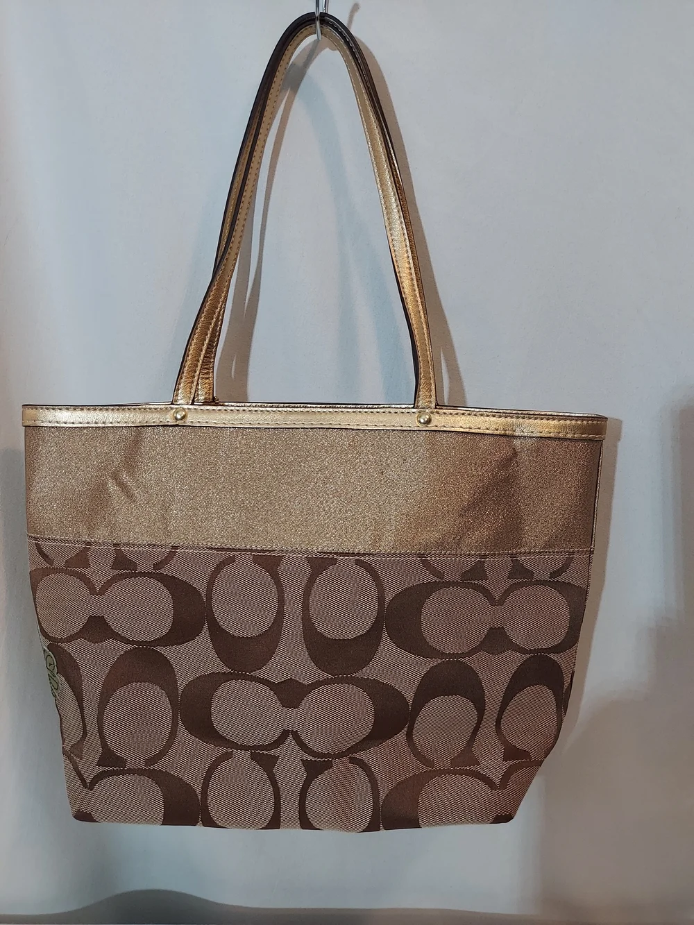 Coach Signature Stripe Floral Chrysanthemum Tote Gold Khaki Jacquard 12204